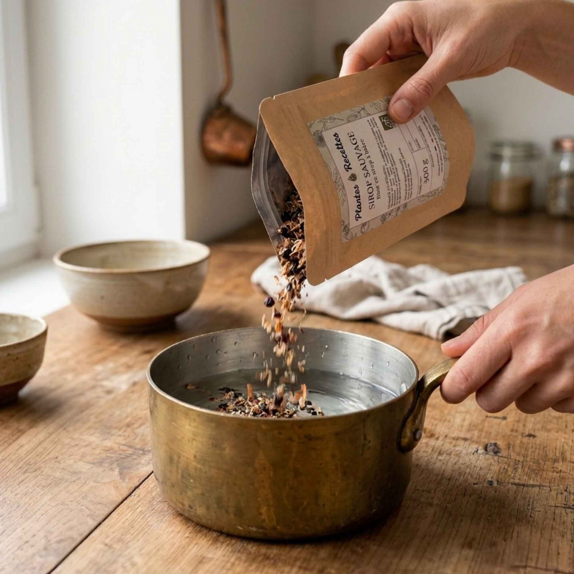 Préparation artisanale de sirop aux plantes sauvages bio avec recette maison