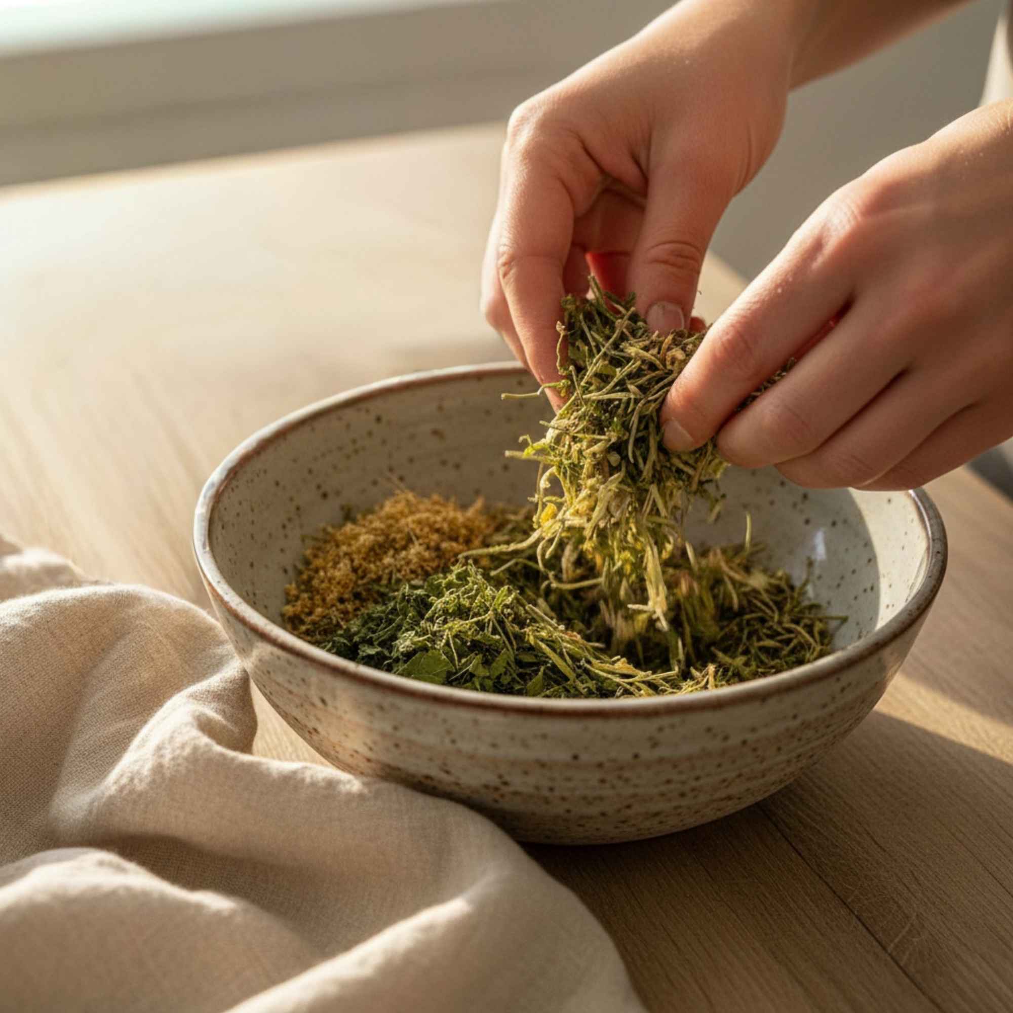 Préparation maison de la tisane Détox 5 Émonctoires à partir de plantes séchées bio, mélange réalisé à la main avant infusion