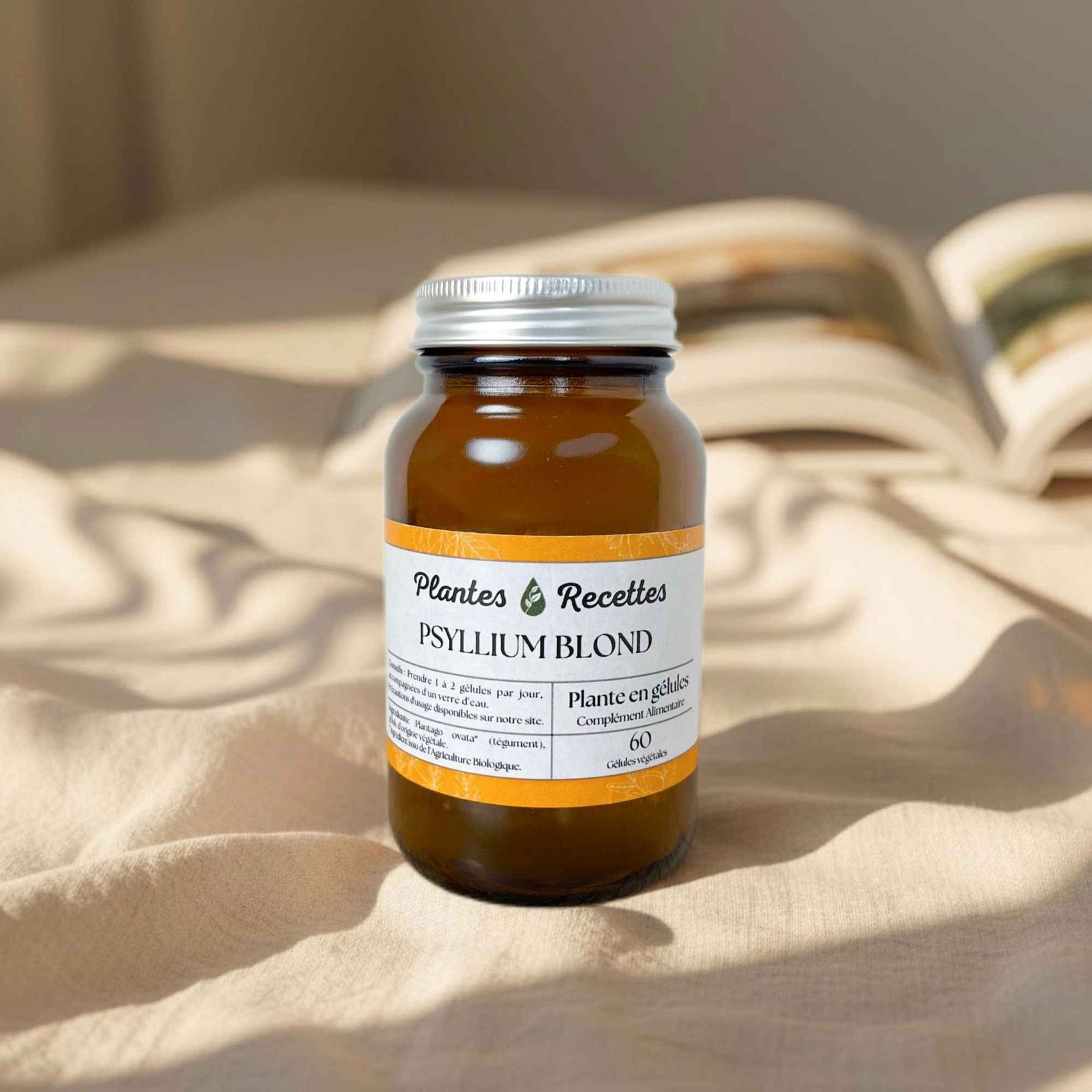 Gélules de psyllium blond bio Plantes & Recettes, complément pour le transit intestinal et la satiété, qualité herboristerie, fabrication française, capsules végétales vegan en pilulier verre ambré, cure 1 mois.