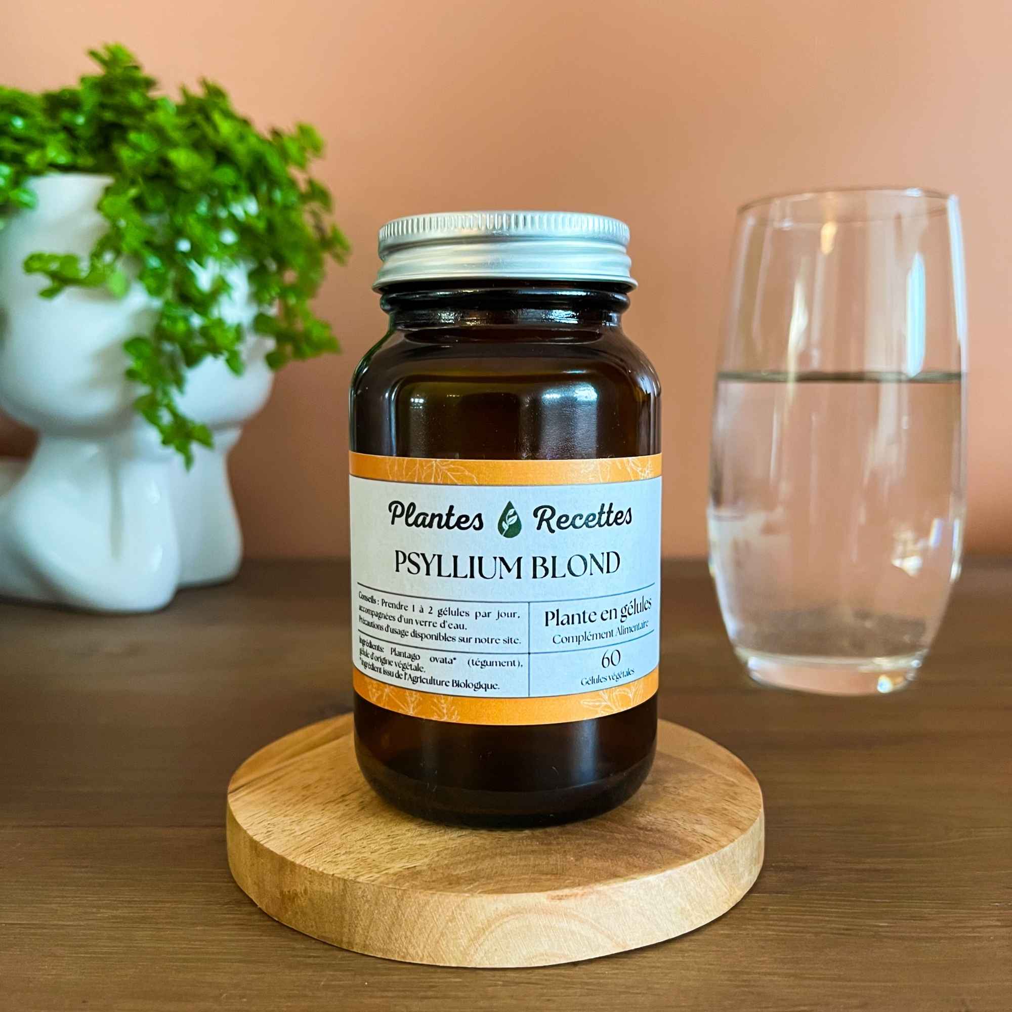 Gélules de psyllium blond bio Plantes & Recettes, qualité herboristerie, fabrication française, capsules végétales vegan en pilulier verre ambré, cure 1 mois.