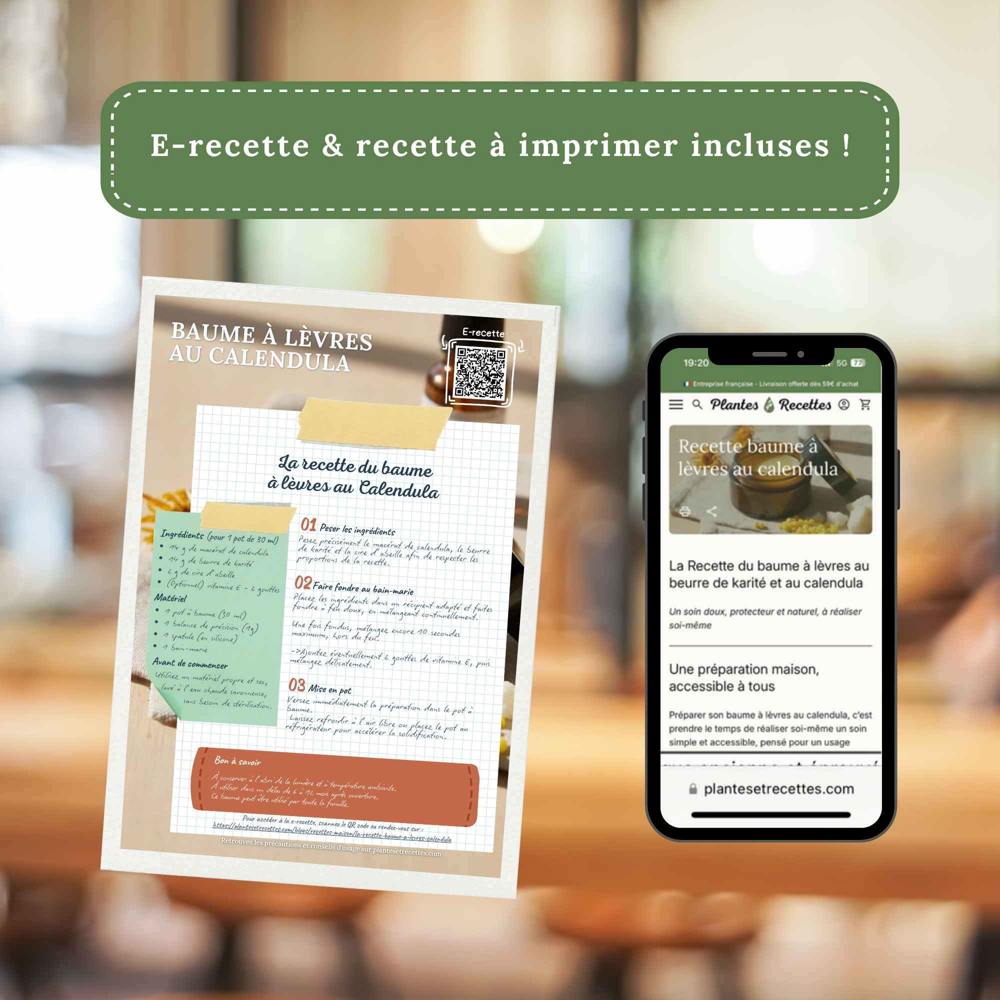 La recette pas à pas du baume à lèvres au calendula avec version en ligne et recette à imprimer incluse dans le kit.