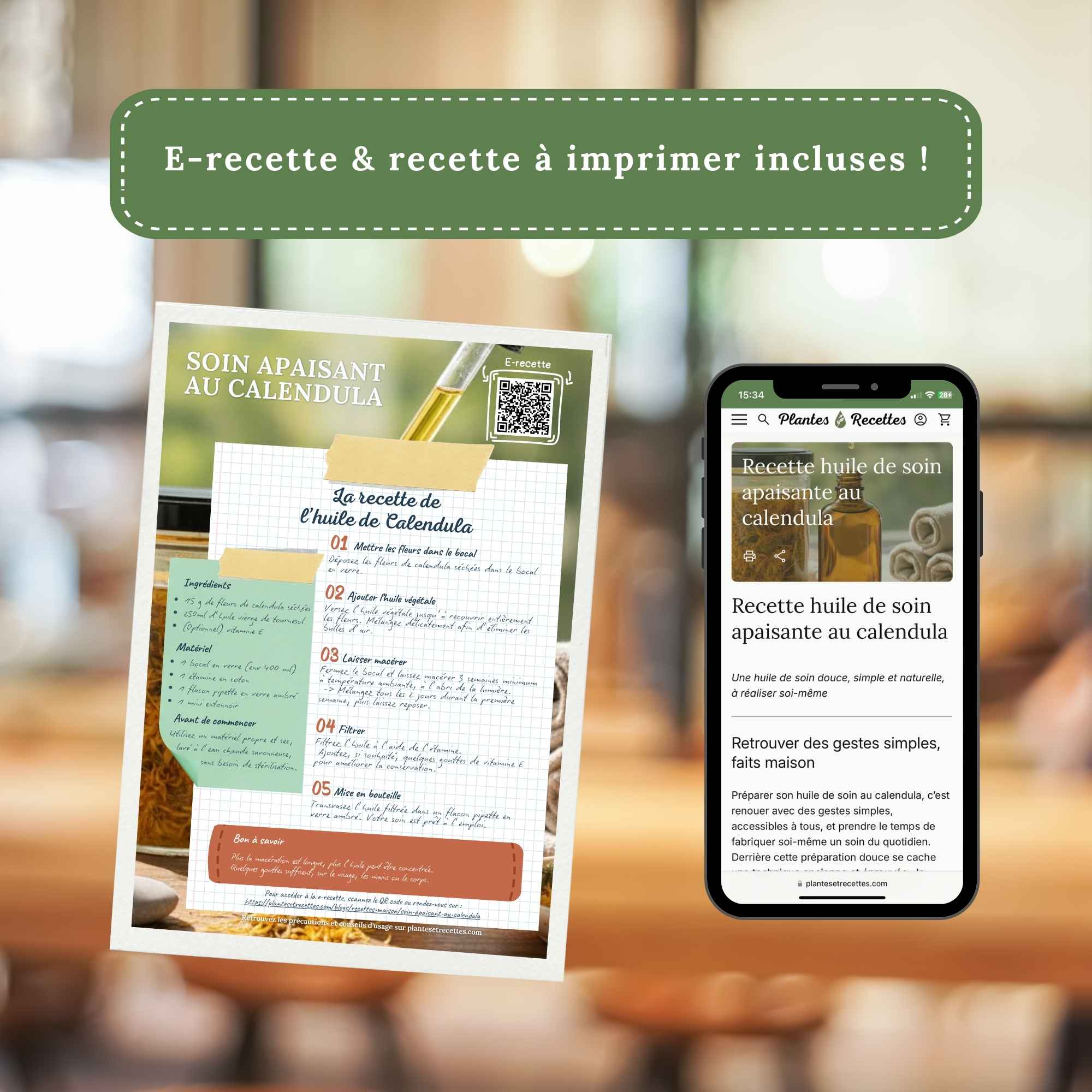Fiche recette papier et accès à la recette en ligne inclus pour préparer une huile de soin apaisante au calendula