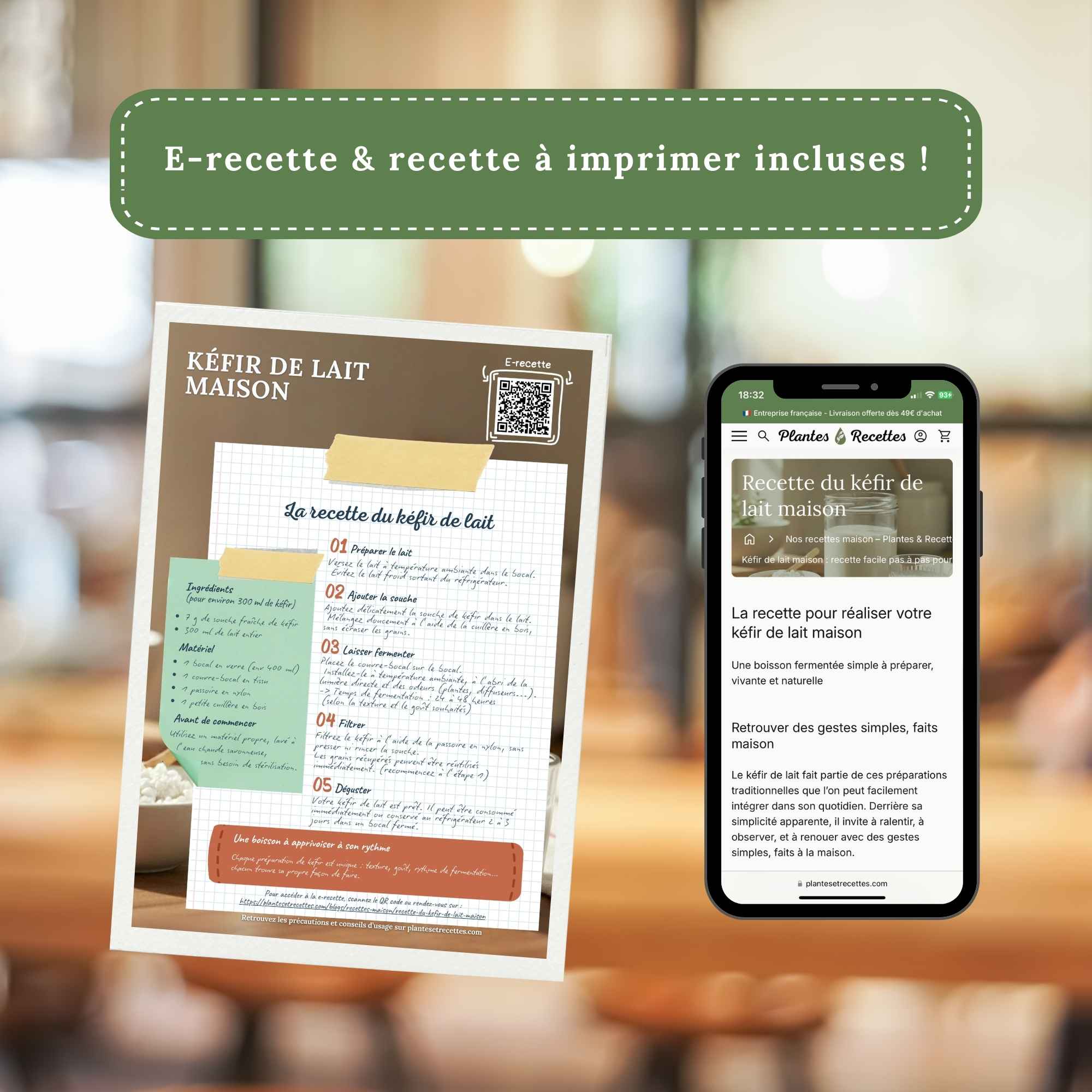 Recette de kéfir de lait incluse avec fiche papier et accès à la recette en ligne.