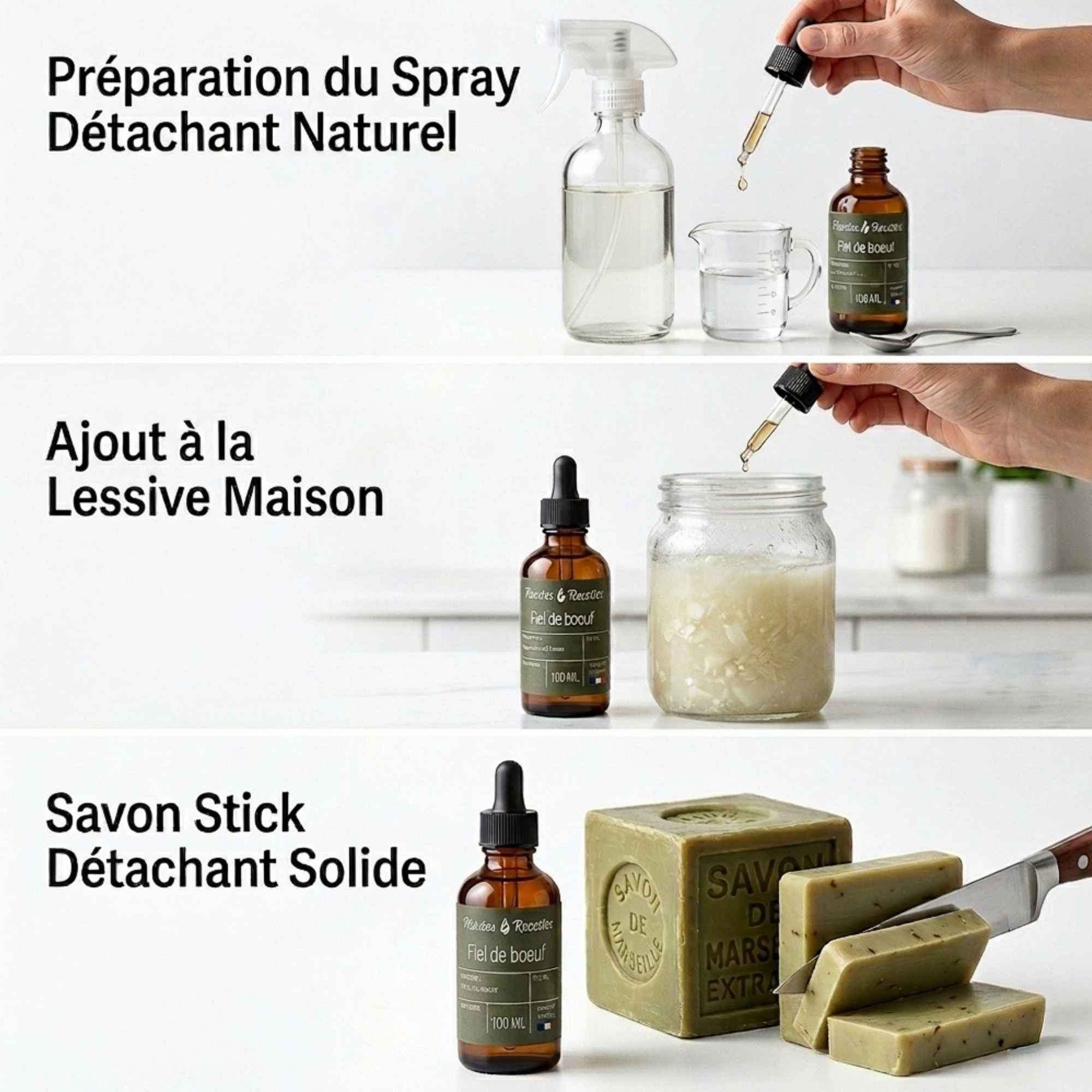 Utilisations du fiel de bœuf pour préparer un spray détachant naturel ou enrichir une lessive maison