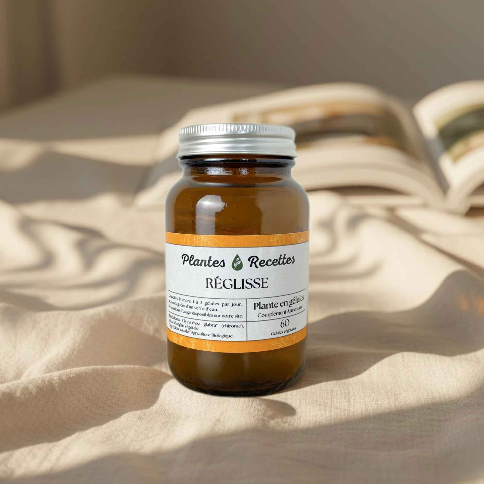 Gélules de réglisse bio Plantes & Recettes, complément pour la digestion et l’apaisement digestif, qualité herboristerie, fabrication française, capsules végétales vegan en pilulier verre ambré, cure 1 mois.
