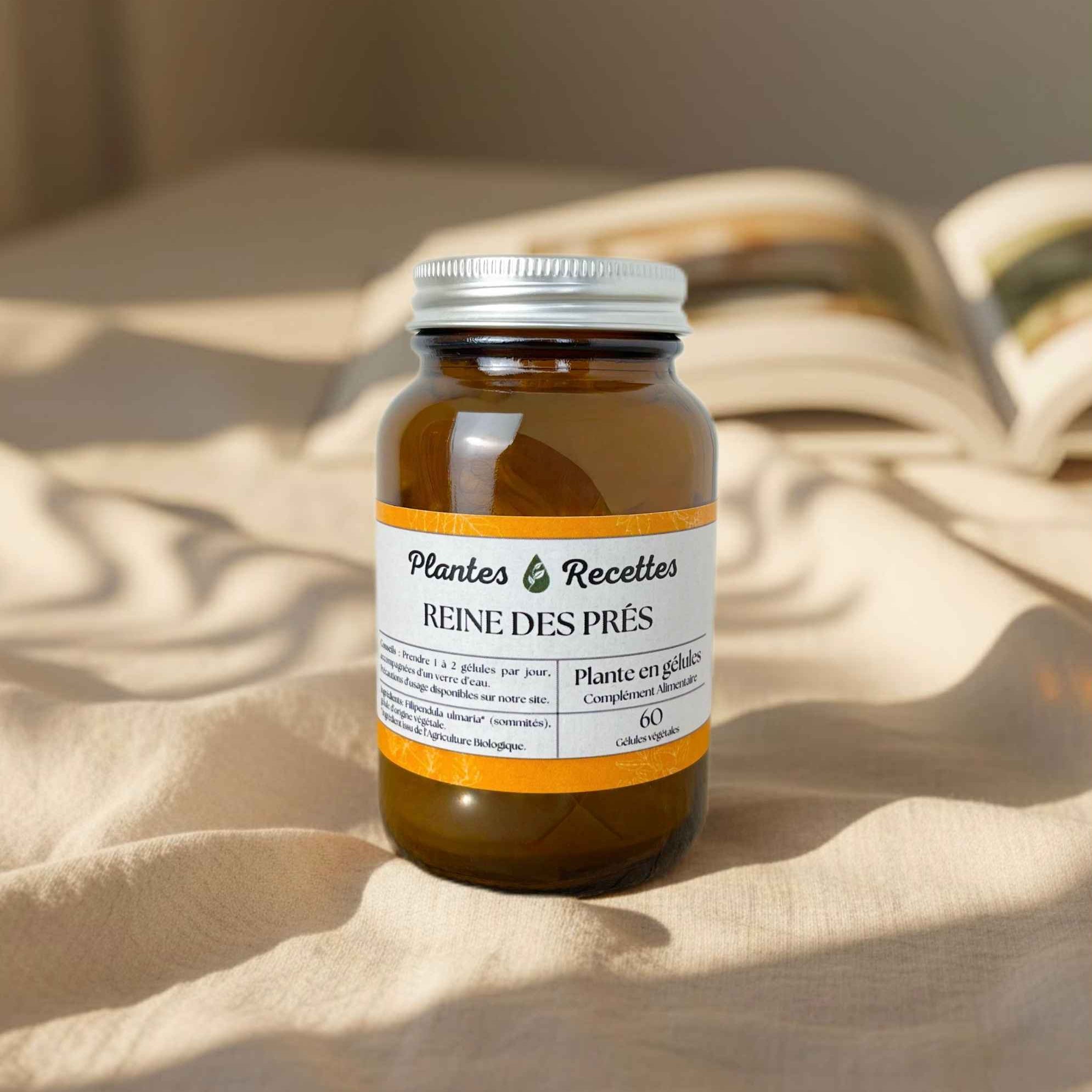 Gélules de reine-des-prés bio Plantes & Recettes, complément pour le confort des articulations et le drainage naturel de l’organisme, qualité herboristerie, fabrication française, capsules végétales vegan en pilulier verre ambré, cure 1 mois.