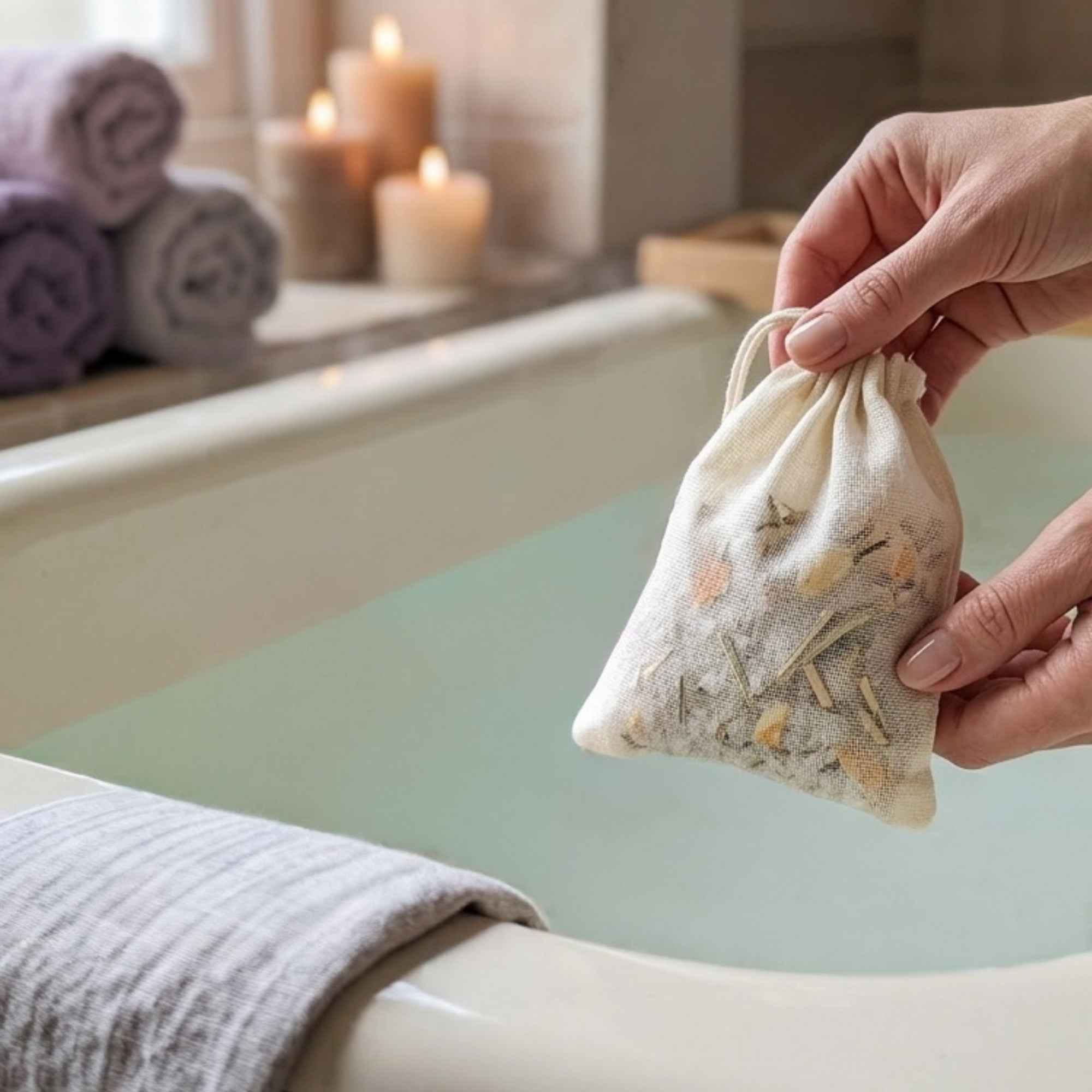 Sachet infusion en coton avec sel de bain Plantes et Recettes pour une utilisation facile dans le bain