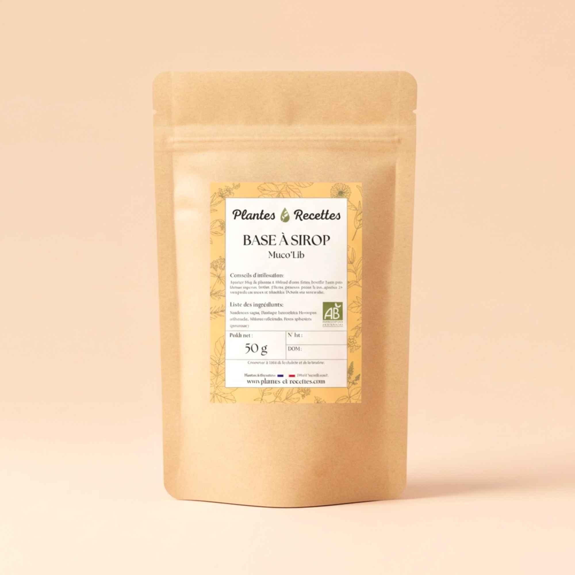 Sachet de mélange de plantes sèches Muco Lib pour la confection de sirop maison.