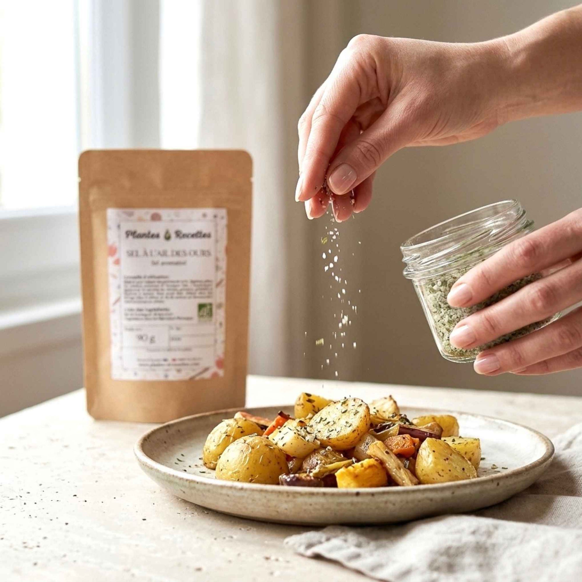 Sel à l'Ail des Ours BIO utilisé pour assaisonner des légumes, des pommes de terre et des plats du quotidien avec une saveur délicatement aillée.