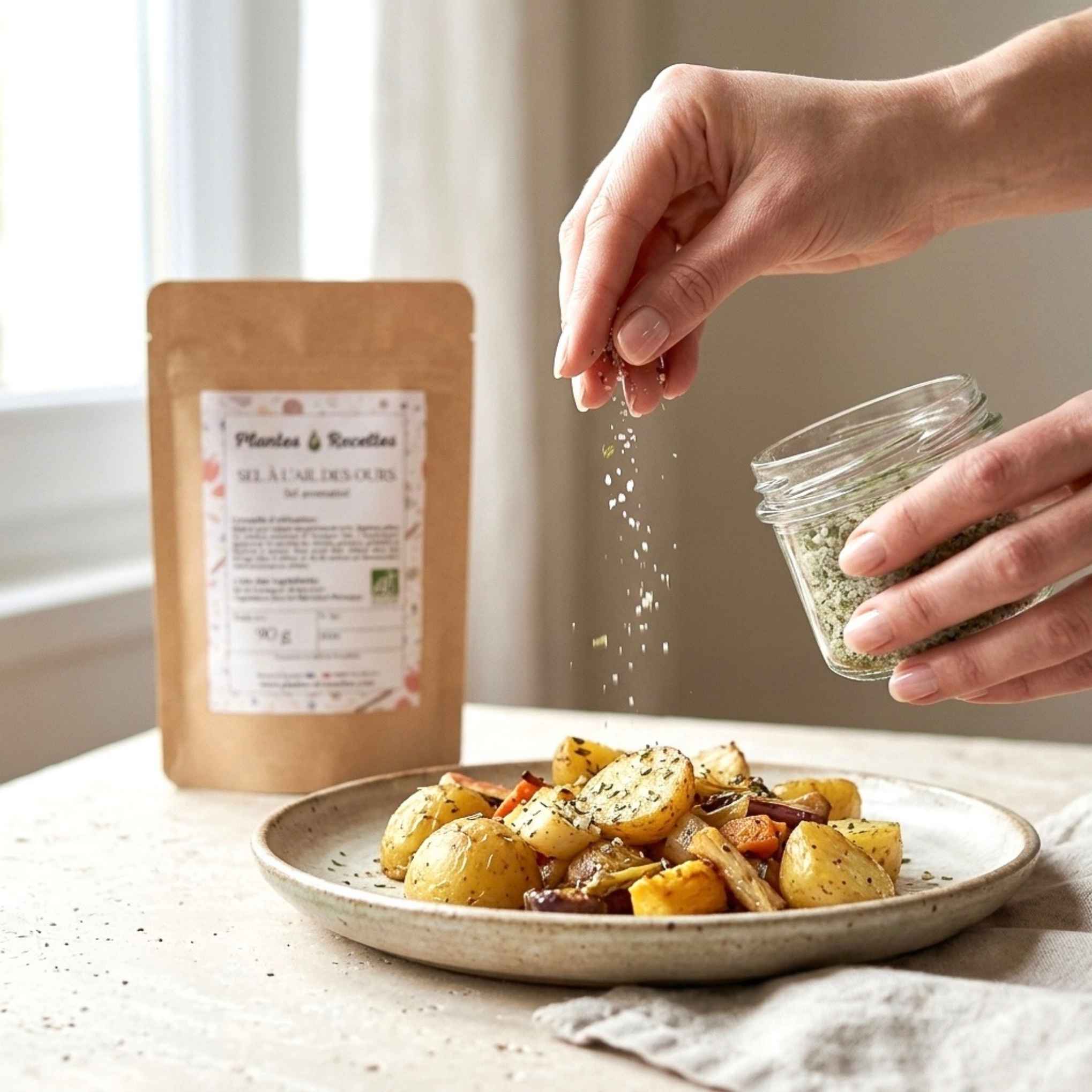Sel à l'Ail des Ours BIO utilisé pour assaisonner des légumes, des pommes de terre et des plats du quotidien avec une saveur délicatement aillée.