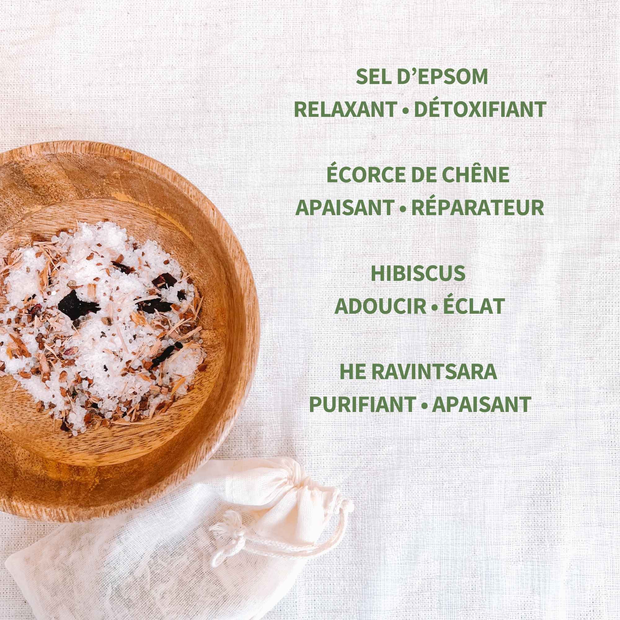 Actifs apaisants du sel de bain Plantes et Recettes avec ecorce de chene hibiscus et sel d epsom