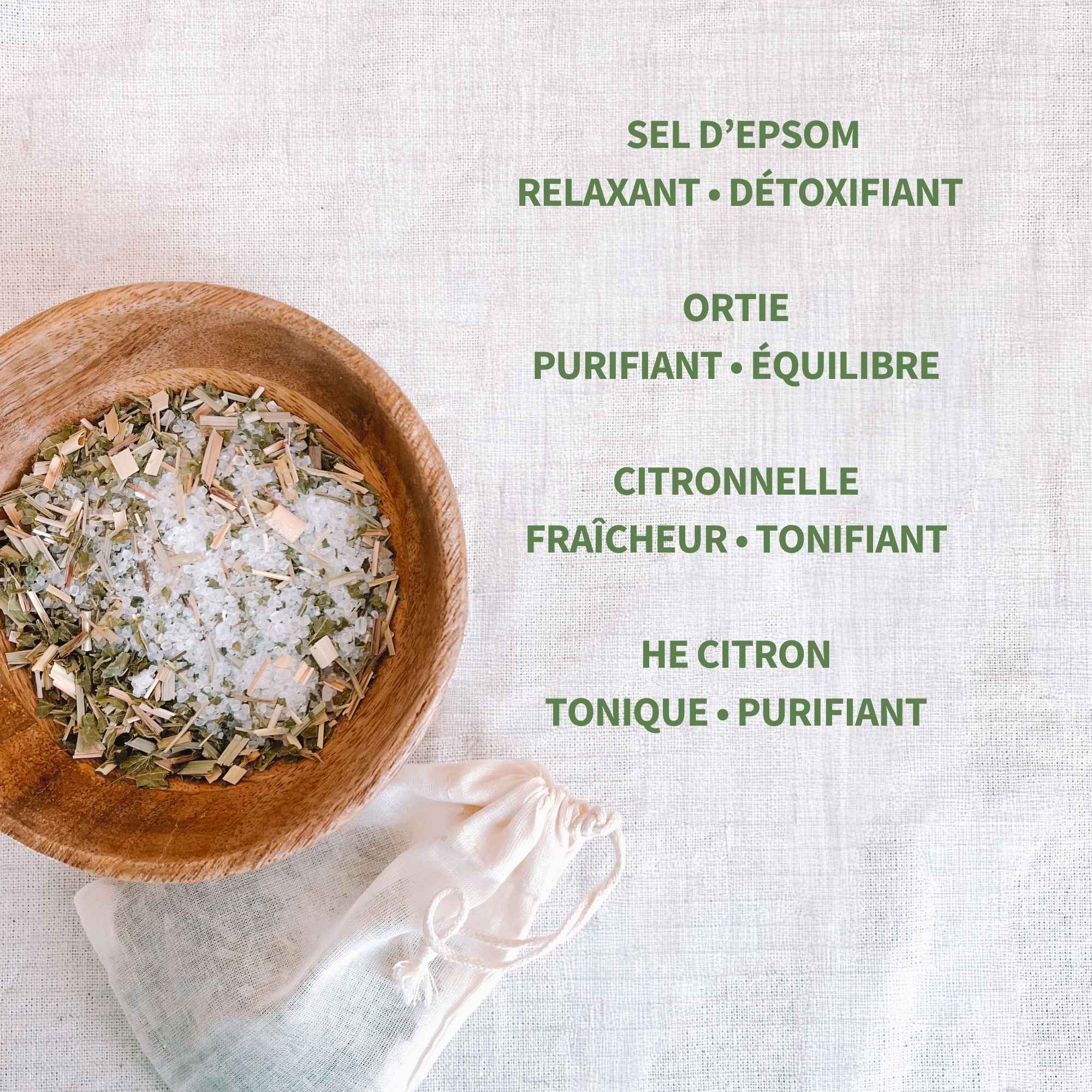 Actifs purifiants du sel de bain Plantes et Recettes avec ortie citronnelle et sel d epsom pour un bain tonifiant