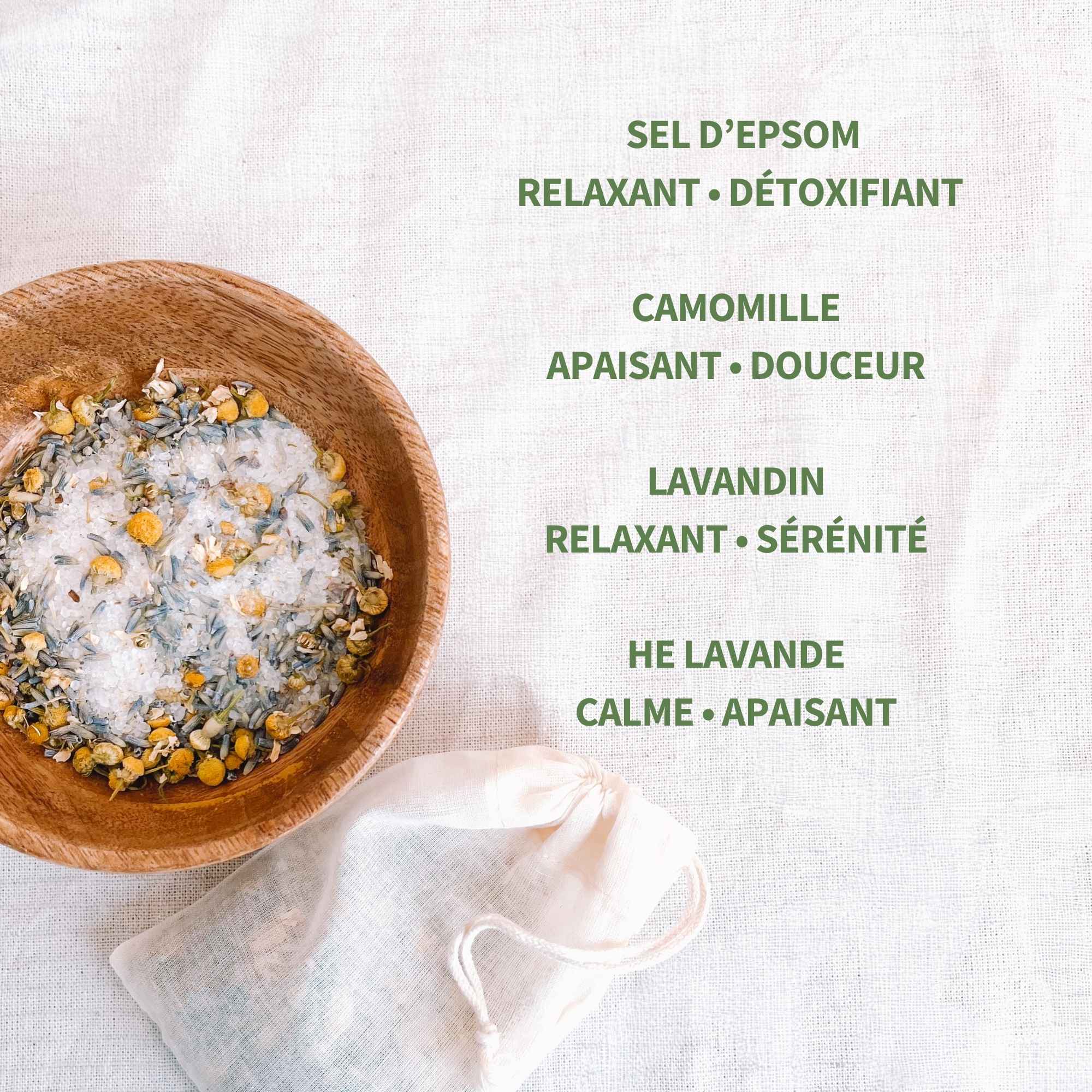 Actifs relaxants du sel de bain Plantes et Recettes avec camomille lavandin et sel d epsom pour la detente