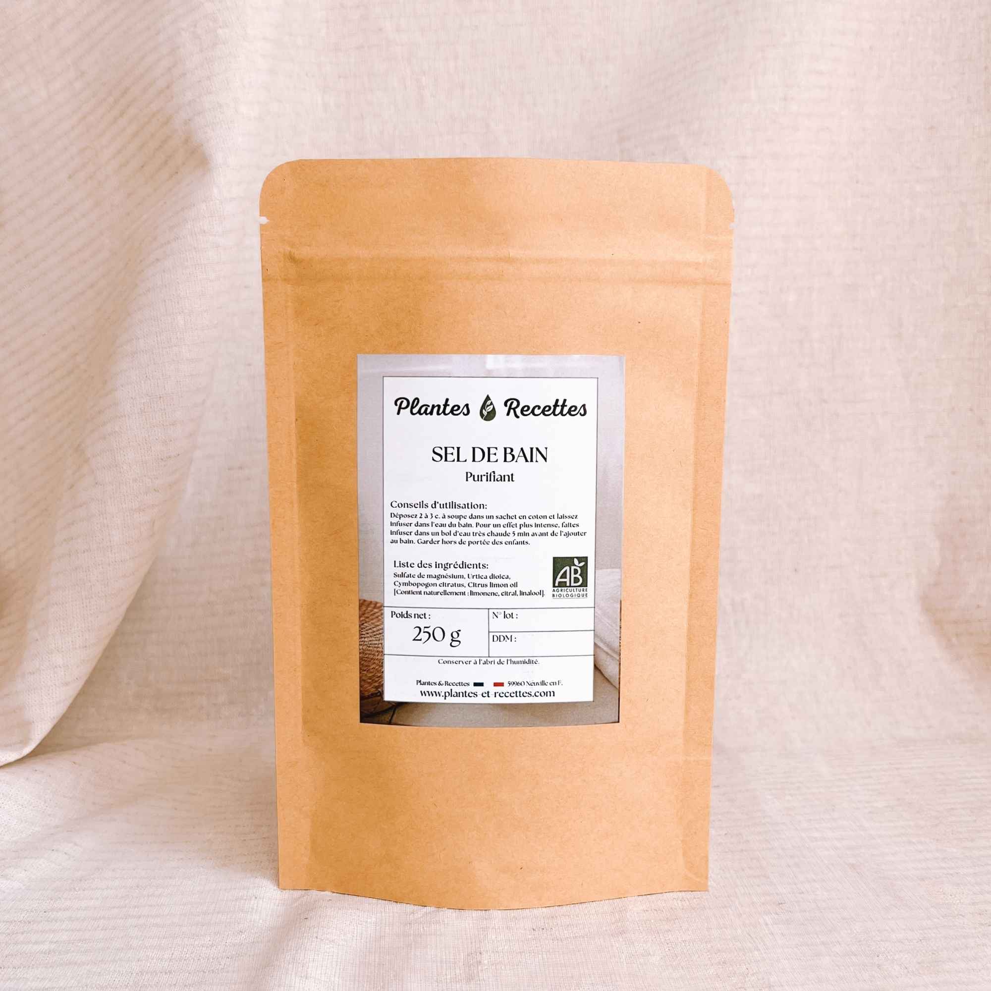 Sel de bain purifiant Plantes et Recettes fabrique artisanalement en france avec plantes biologiques