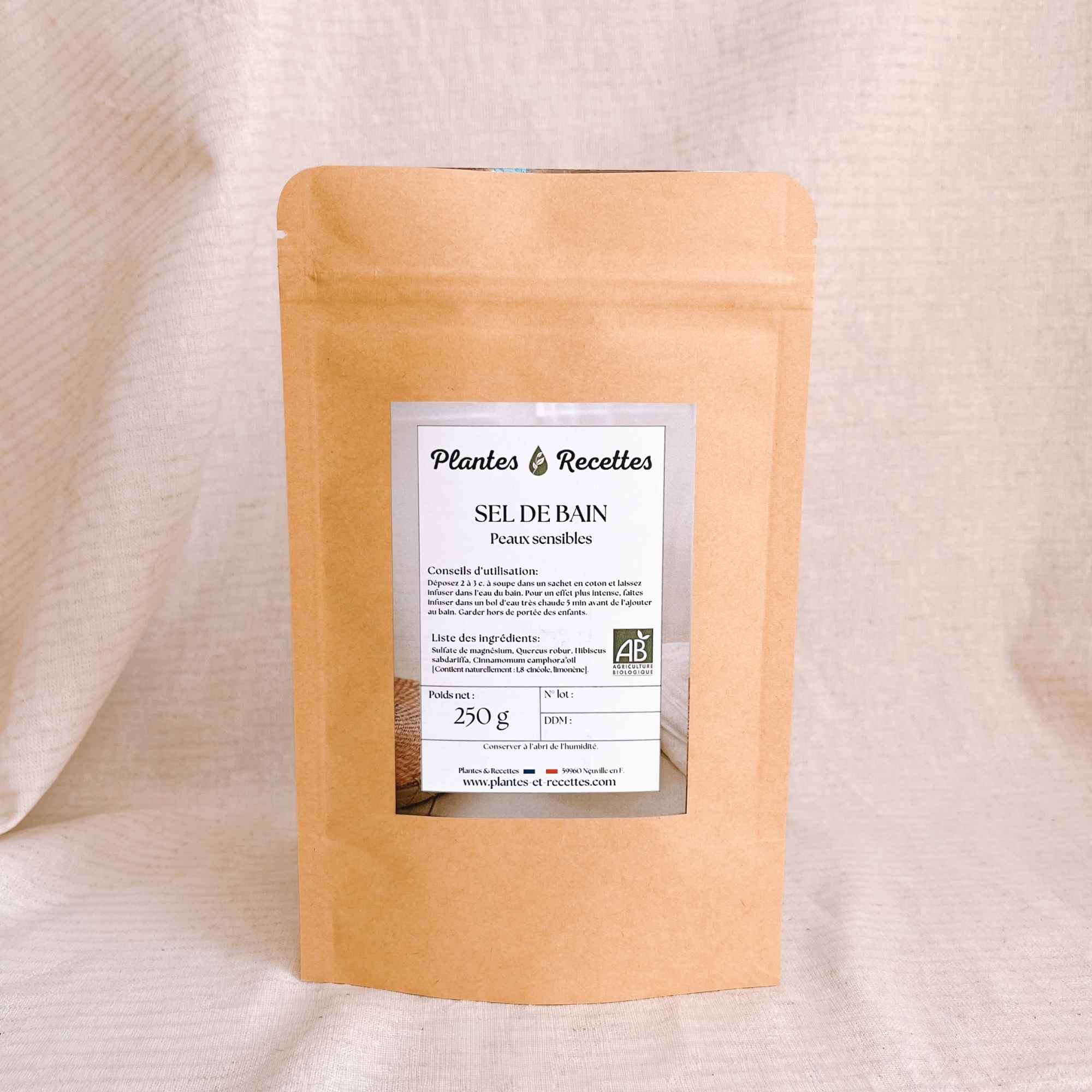 Sel de bain peaux sensibles Plantes et Recettes fabrique artisanalement en france avec plantes biologiques