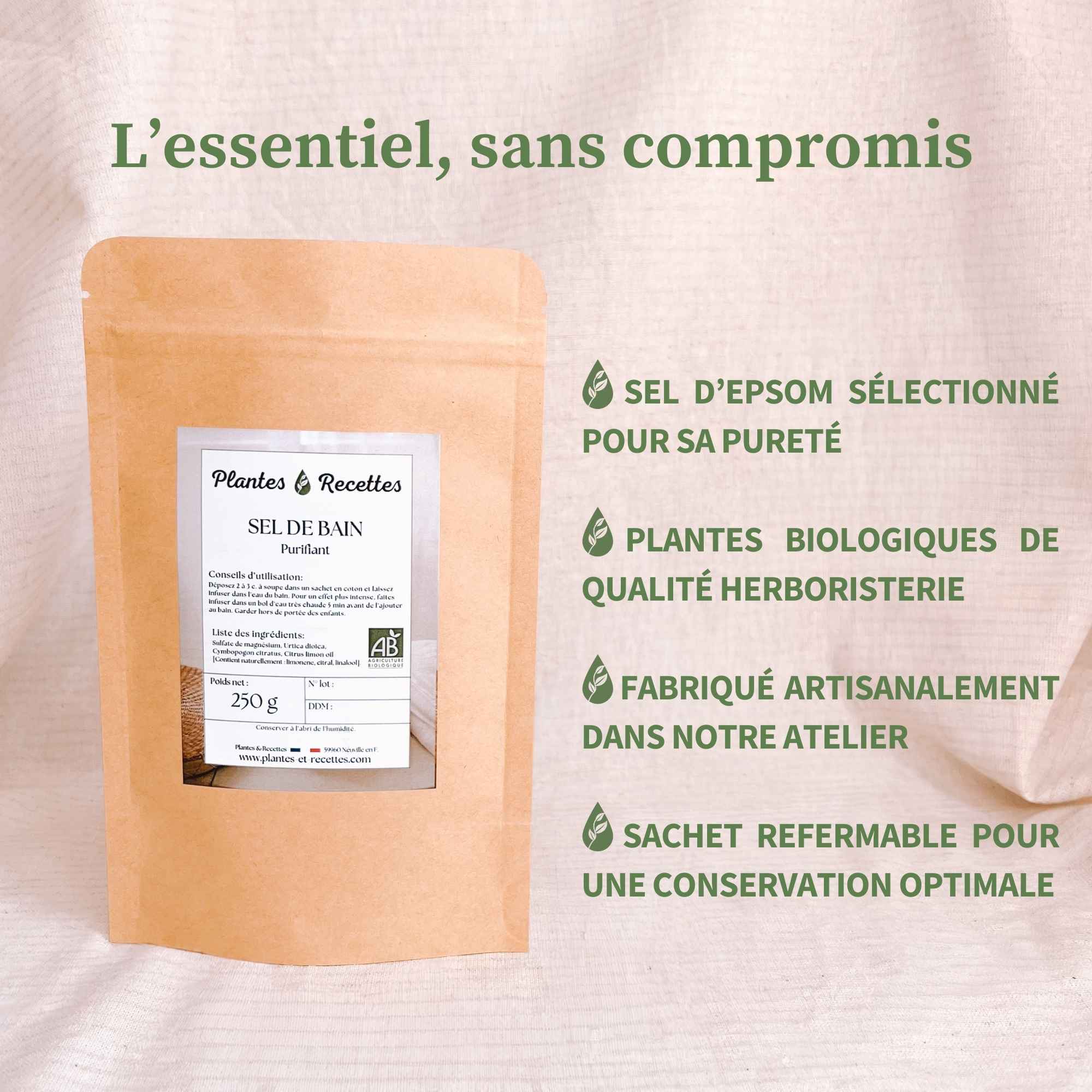 Ingredients naturels du sel de bain purifiant Plantes et Recettes avec plantes sechees ortie citronnelle