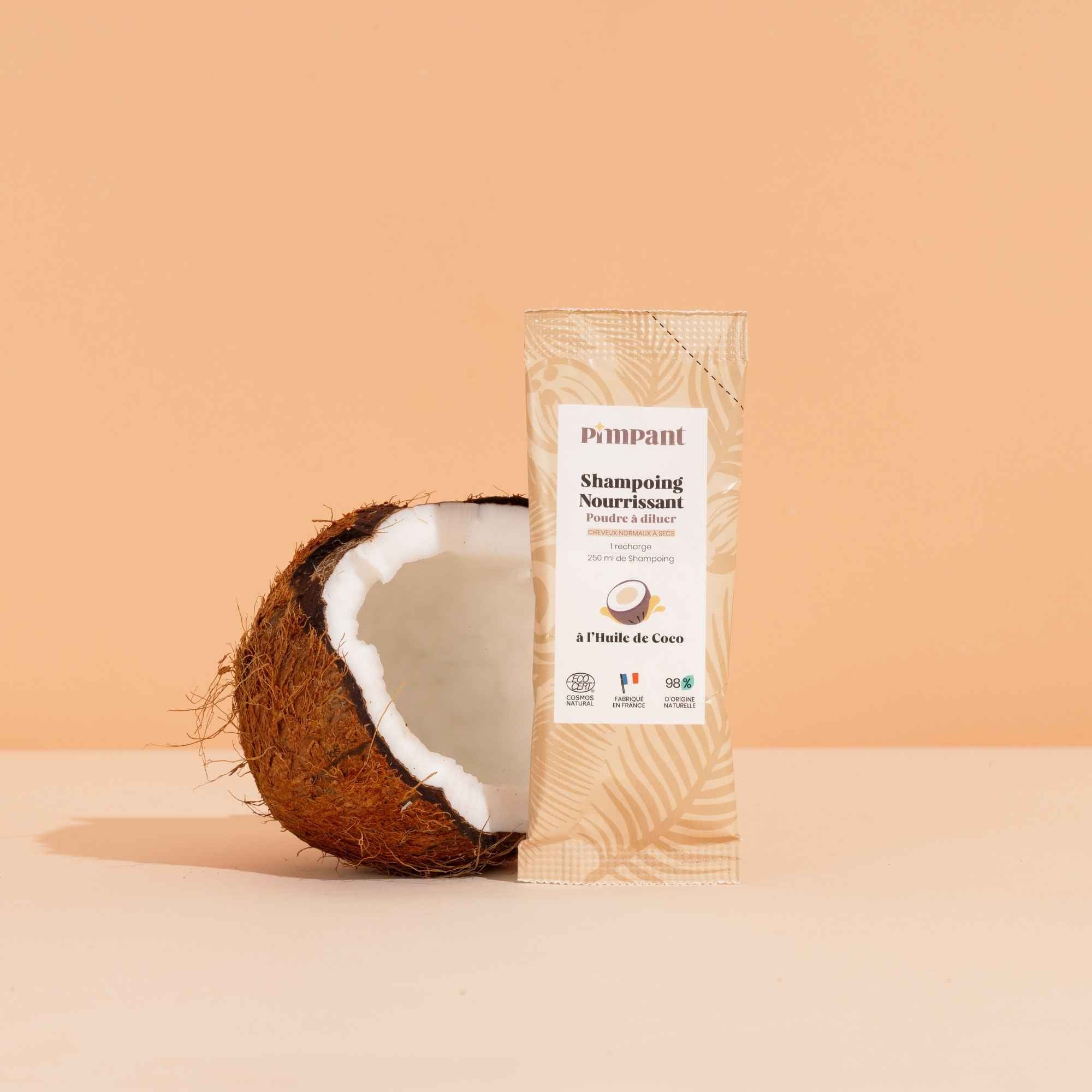 Shampoing nourrissant Pimpant à la noix de coco, recharge à diluer. Naturel et écologique, cheveux normaux à secs, disponible avec flacon en verre réutilisable.