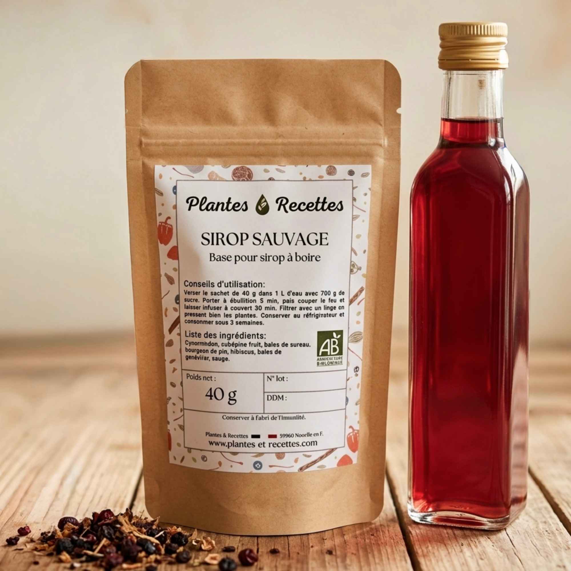 Préparation de sirop sauvage bio à base de plantes pour réaliser des boissons naturelles maison