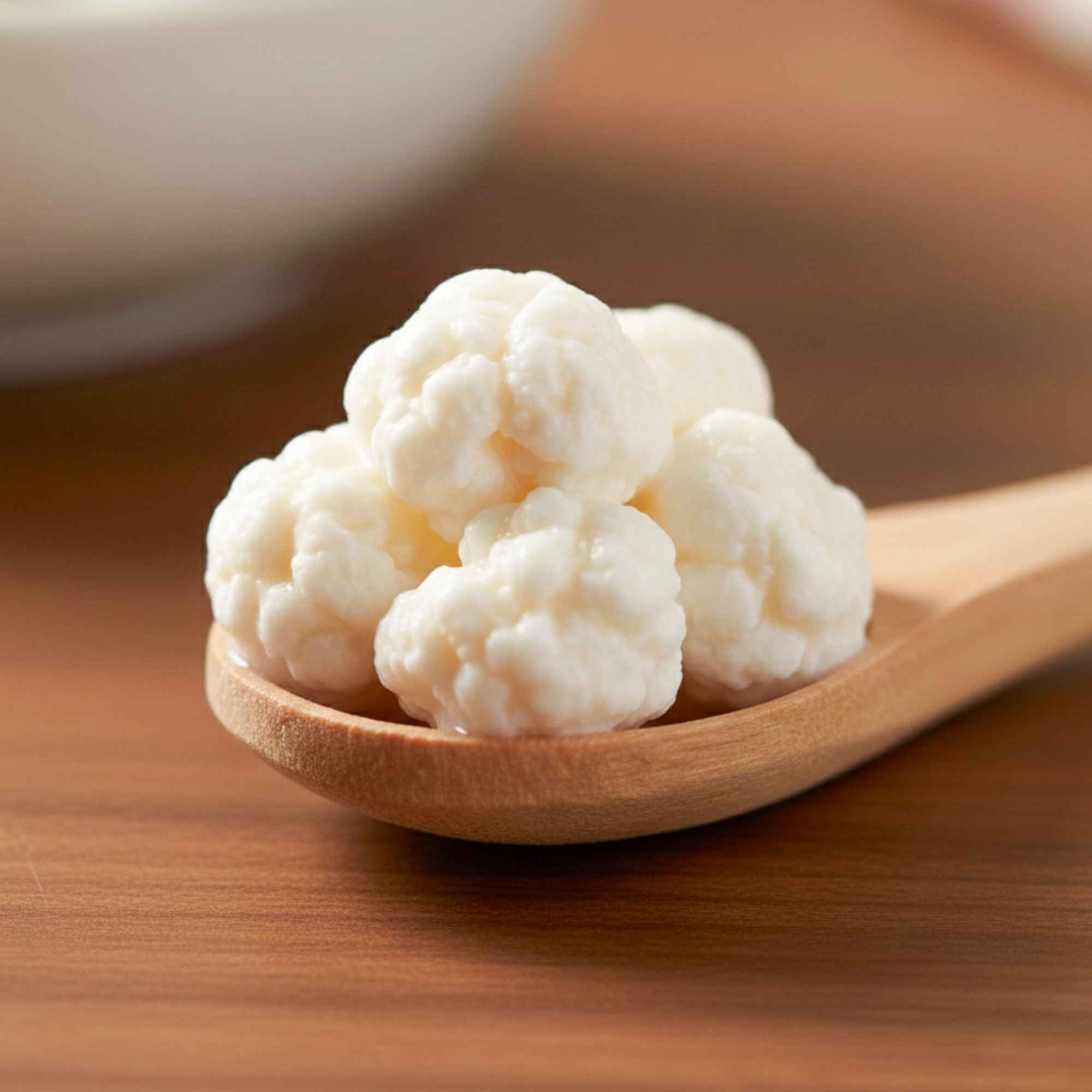 Souche de kéfir de lait fraîche prête à l’emploi, préparée dans notre atelier pour la fermentation maison.