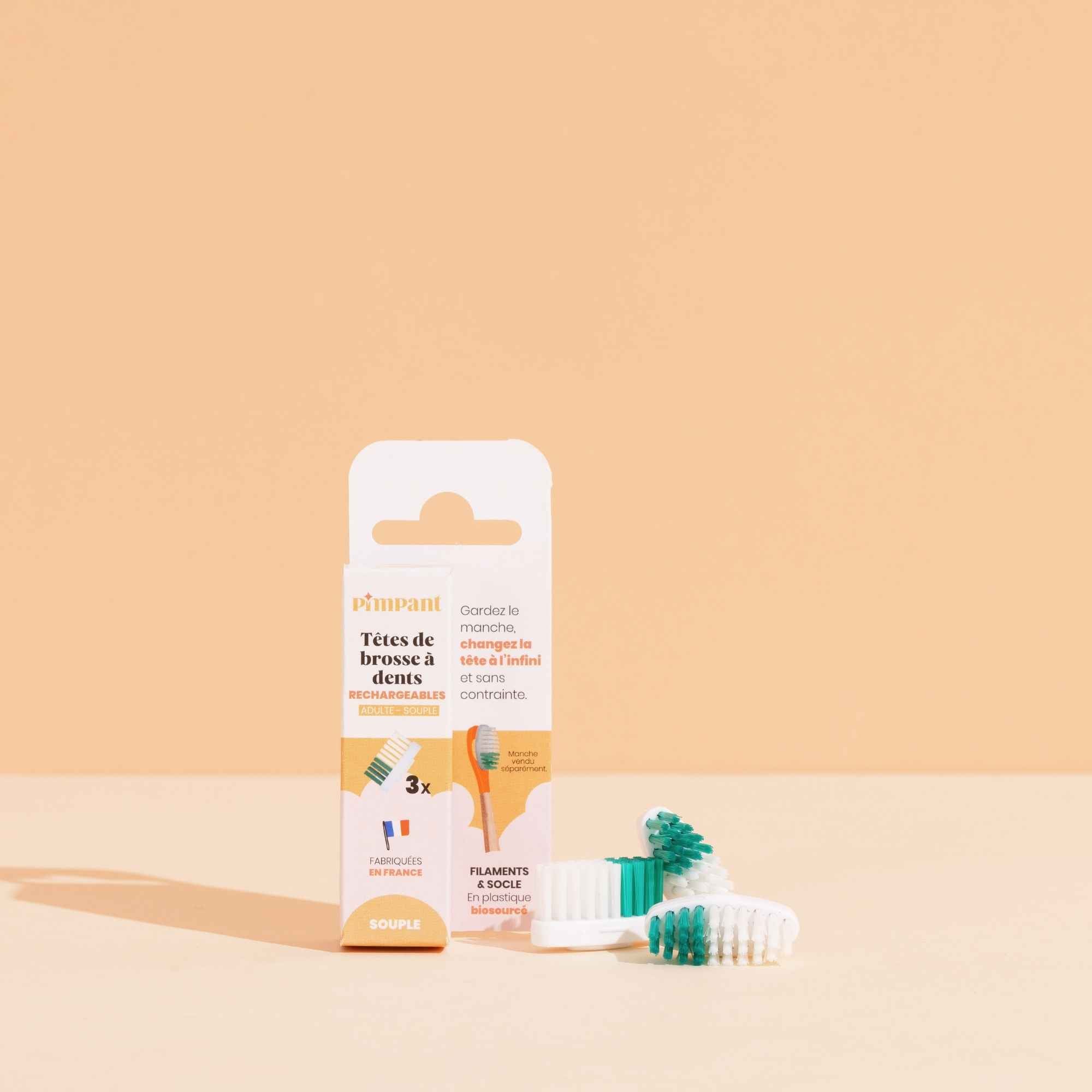 Lot de 3 têtes de brosse à dents rechargeables Pimpant en plastique biosourcé. Poils souples, écologiques et fabriquées en France.