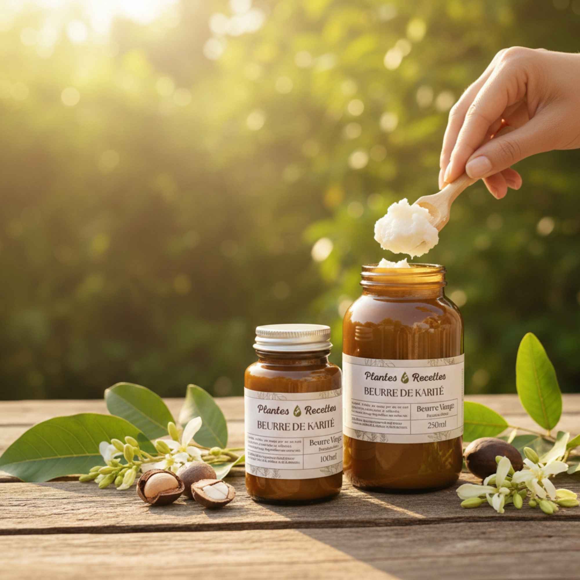 Texture du beurre de karité biologique fondant au contact de la peau, utilisé en cosmétique naturelle et dans les préparations maison – Plantes & Recettes