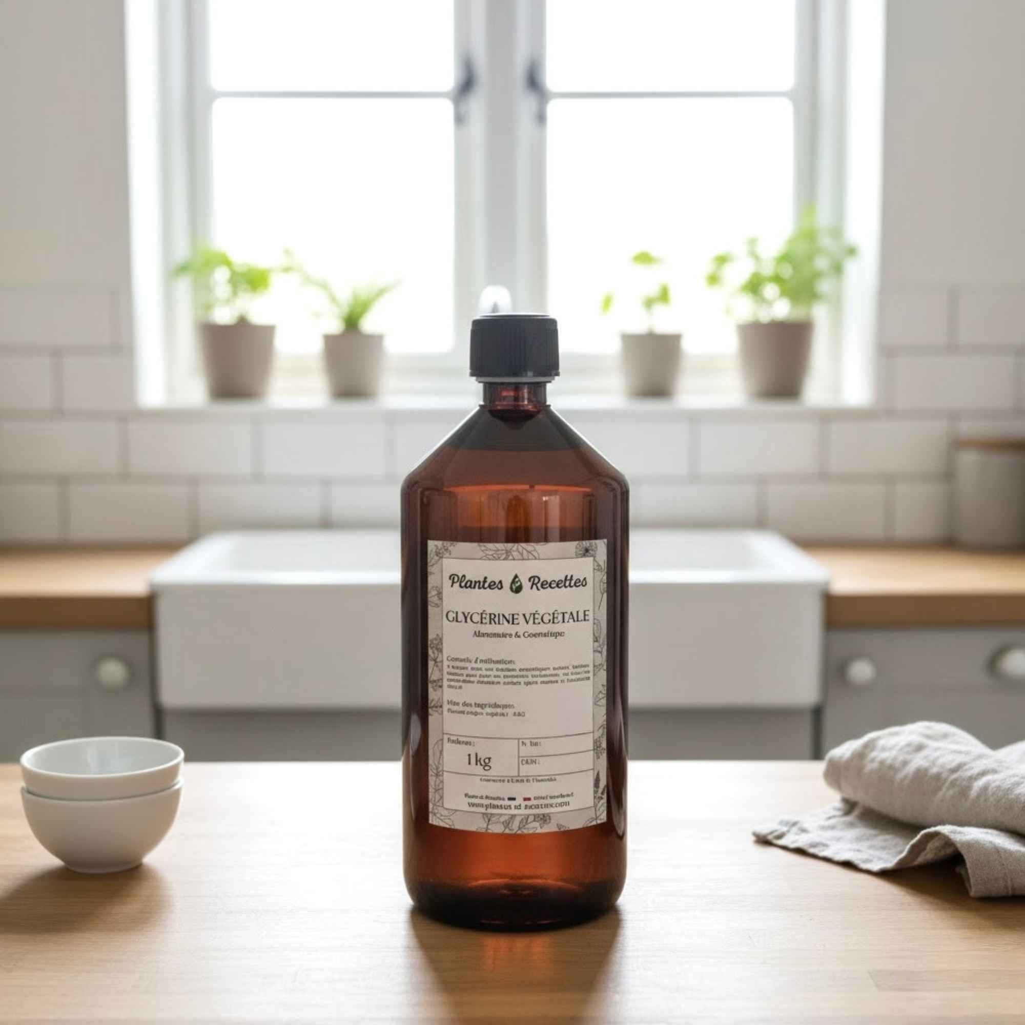 Glycérine végétale liquide Plantes & Recettes versée délicatement, utilisée pour hydrater, adoucir et protéger la peau dans les soins naturels.