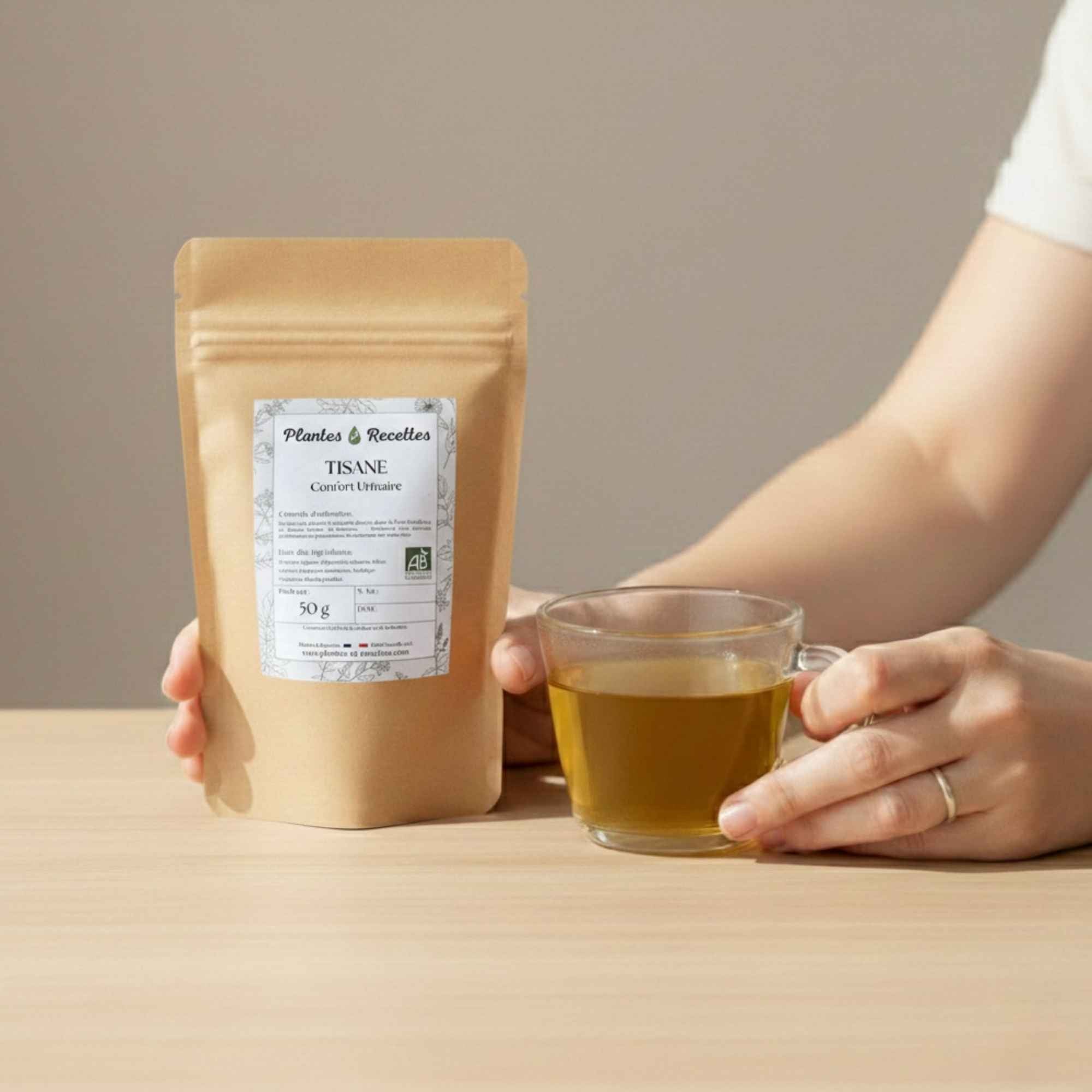 Tisane Confort Urinaire bio servie en tasse – infusion naturelle pour une pause douceur
