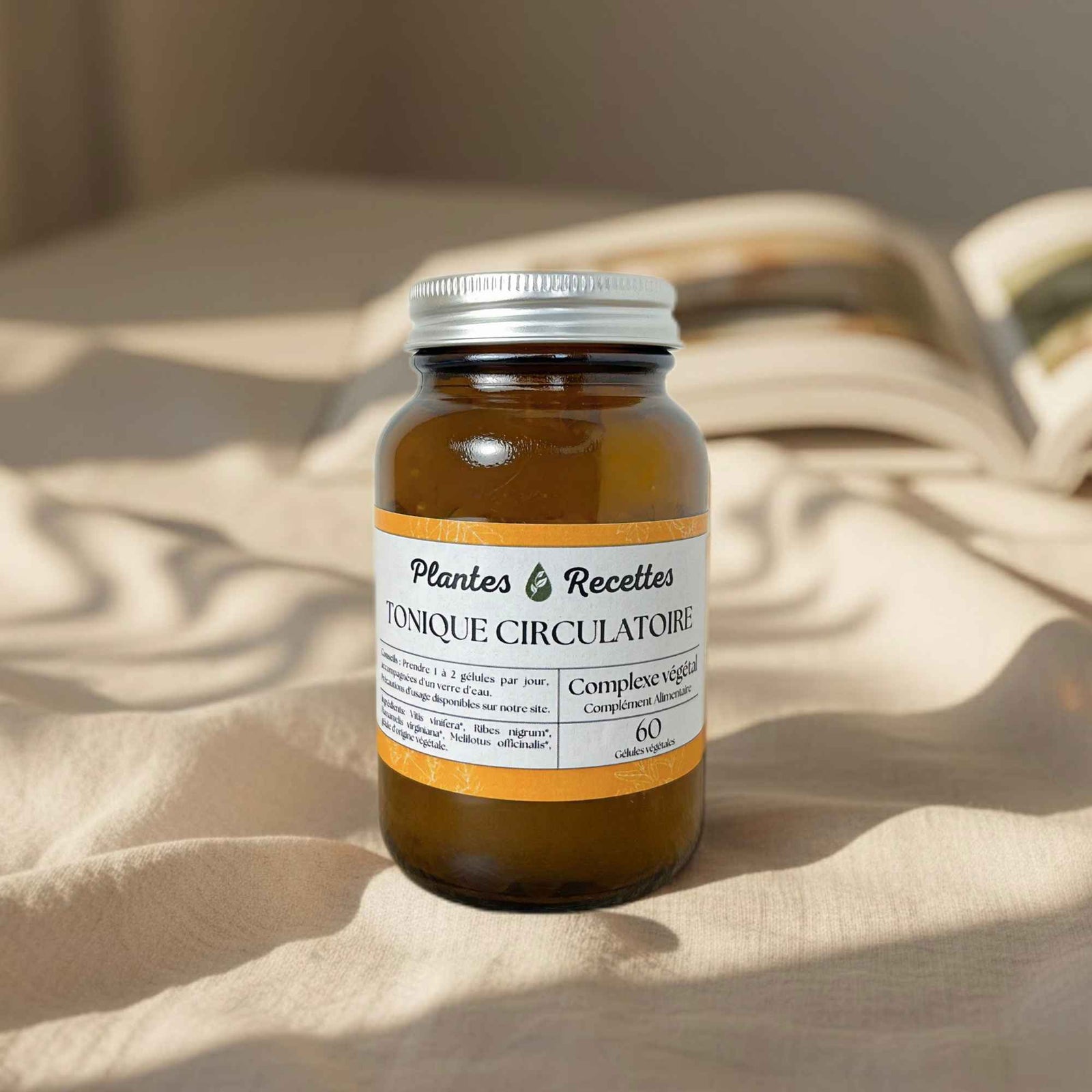 Gélules Tonique Circulatoire bio Plantes & Recettes, complexe de plantes pour stimuler la circulation sanguine et alléger les jambes lourdes, qualité herboristerie, fabrication française, capsules végétales vegan en pilulier verre ambré, cure 1 mois.