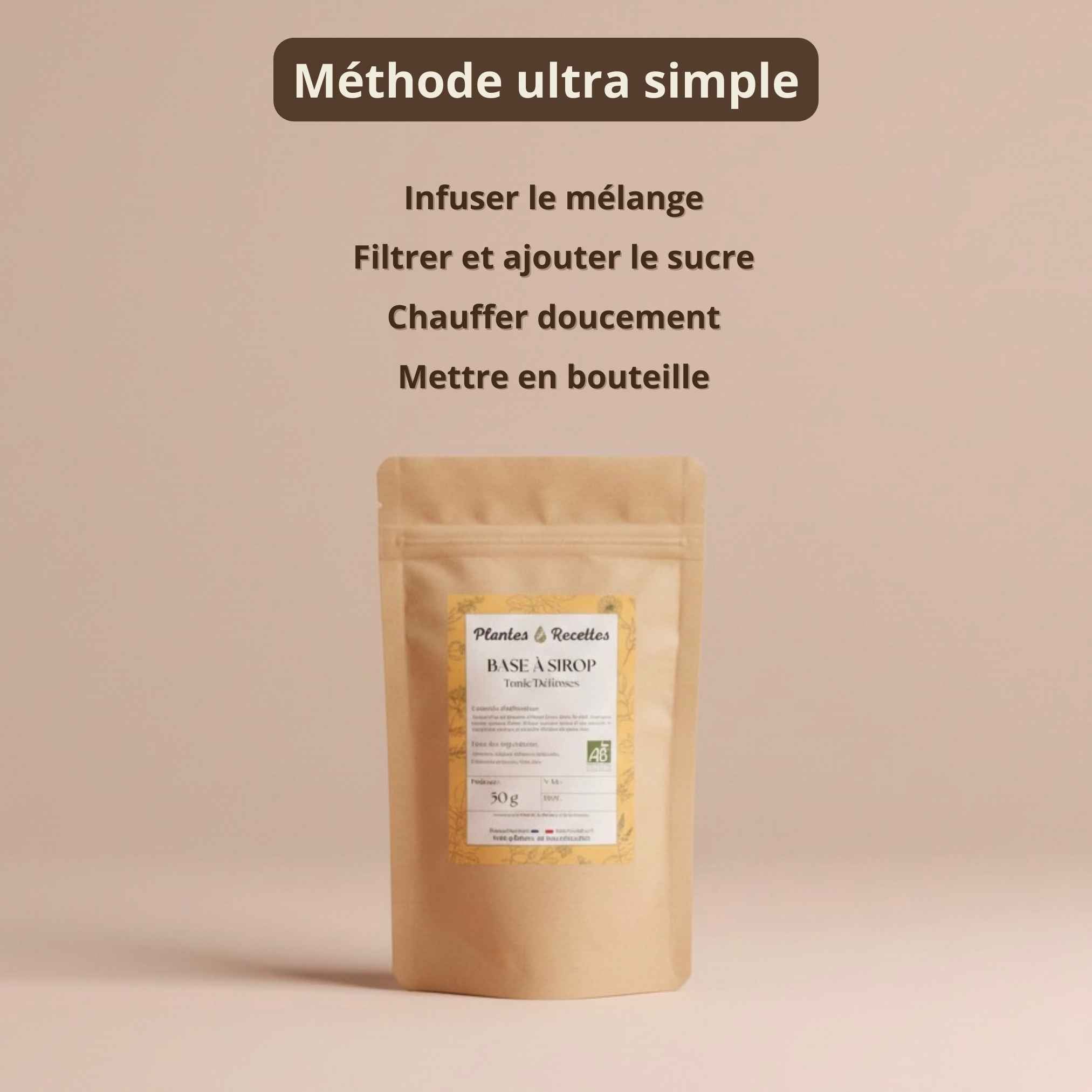 Étapes illustrées pour fabriquer soi-même son sirop Tonic Défenses avec nos plantes.