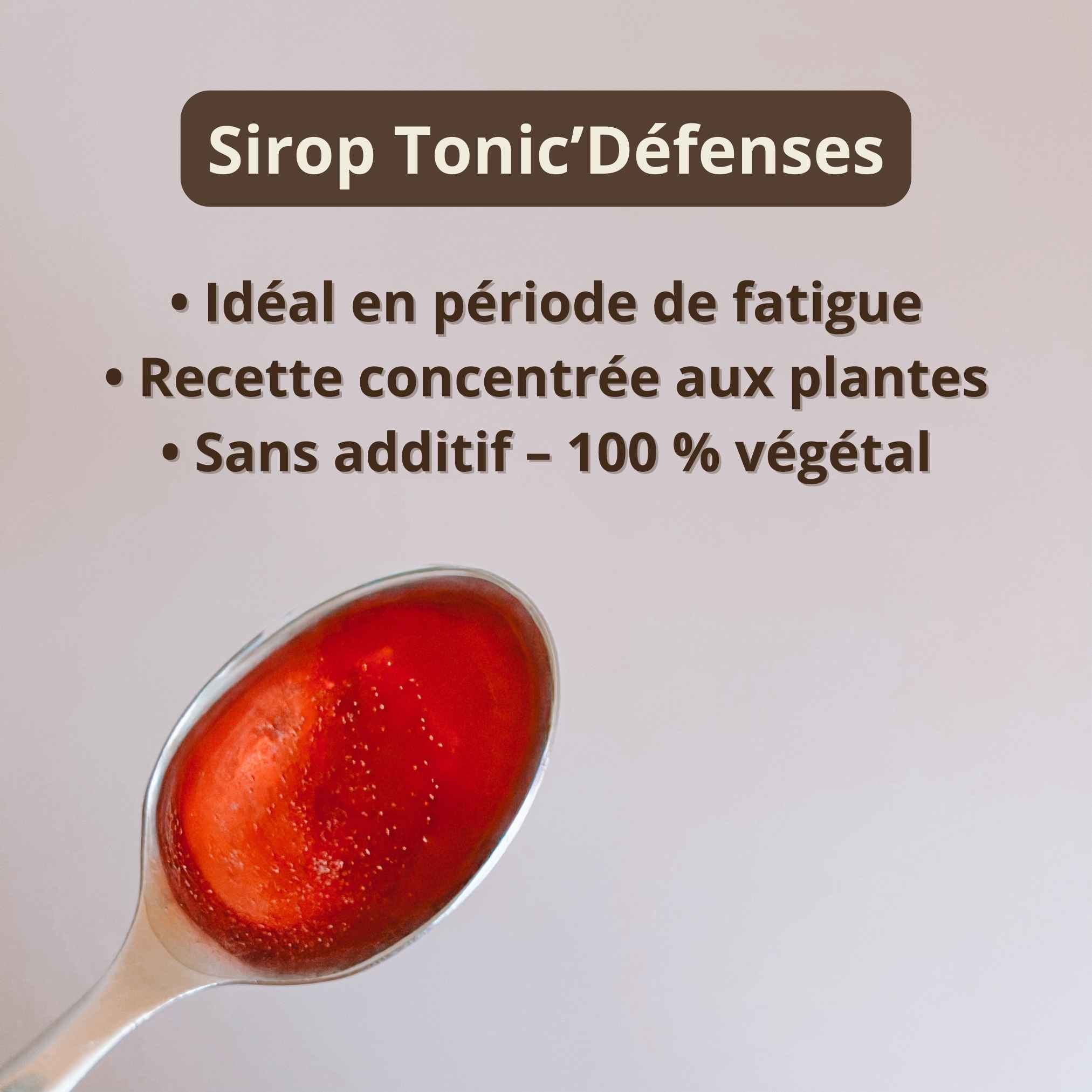 Cuillère de sirop Tonic Défenses fini avec un descriptif de ses propriétés végétales.